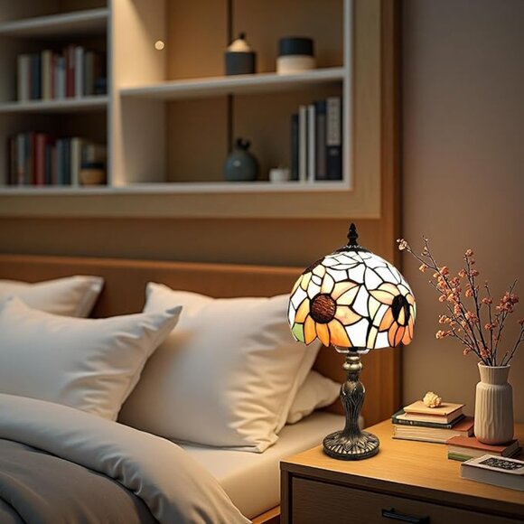 Tiffany Style Table Lamp, 8'' Yellow Sunflower Handmade Stained Glass Lampshade - Picture 4 of 6